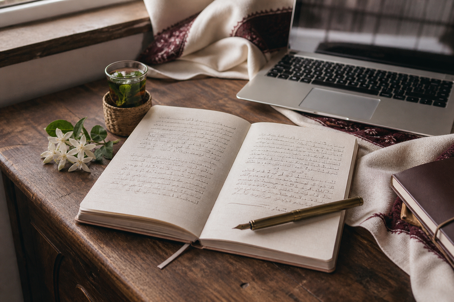مكتب دافئ مع دفتر، قلم نحاسي وكأس شاي بالنعناع